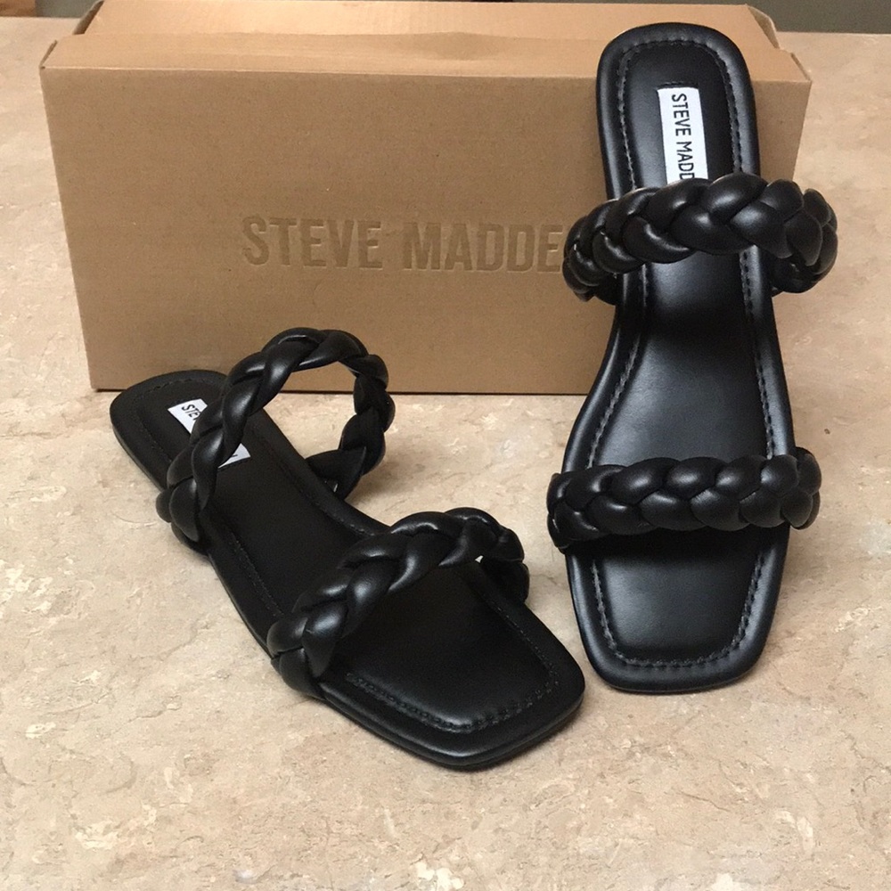 Steve Madden Black Braided Double-Strap Flat Sandals